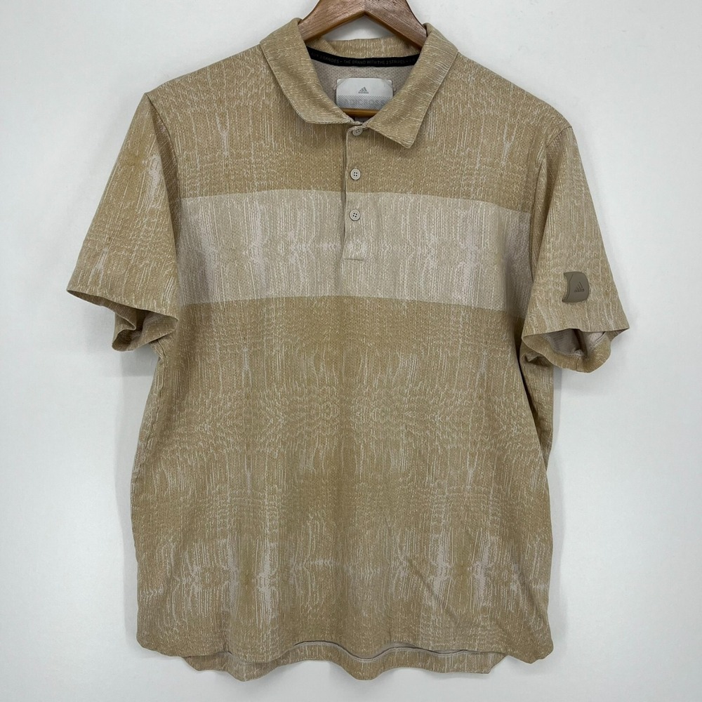 Adidas Mens Tan Graphic Print Short Sleeve Golf Polo Shirt Size L Large